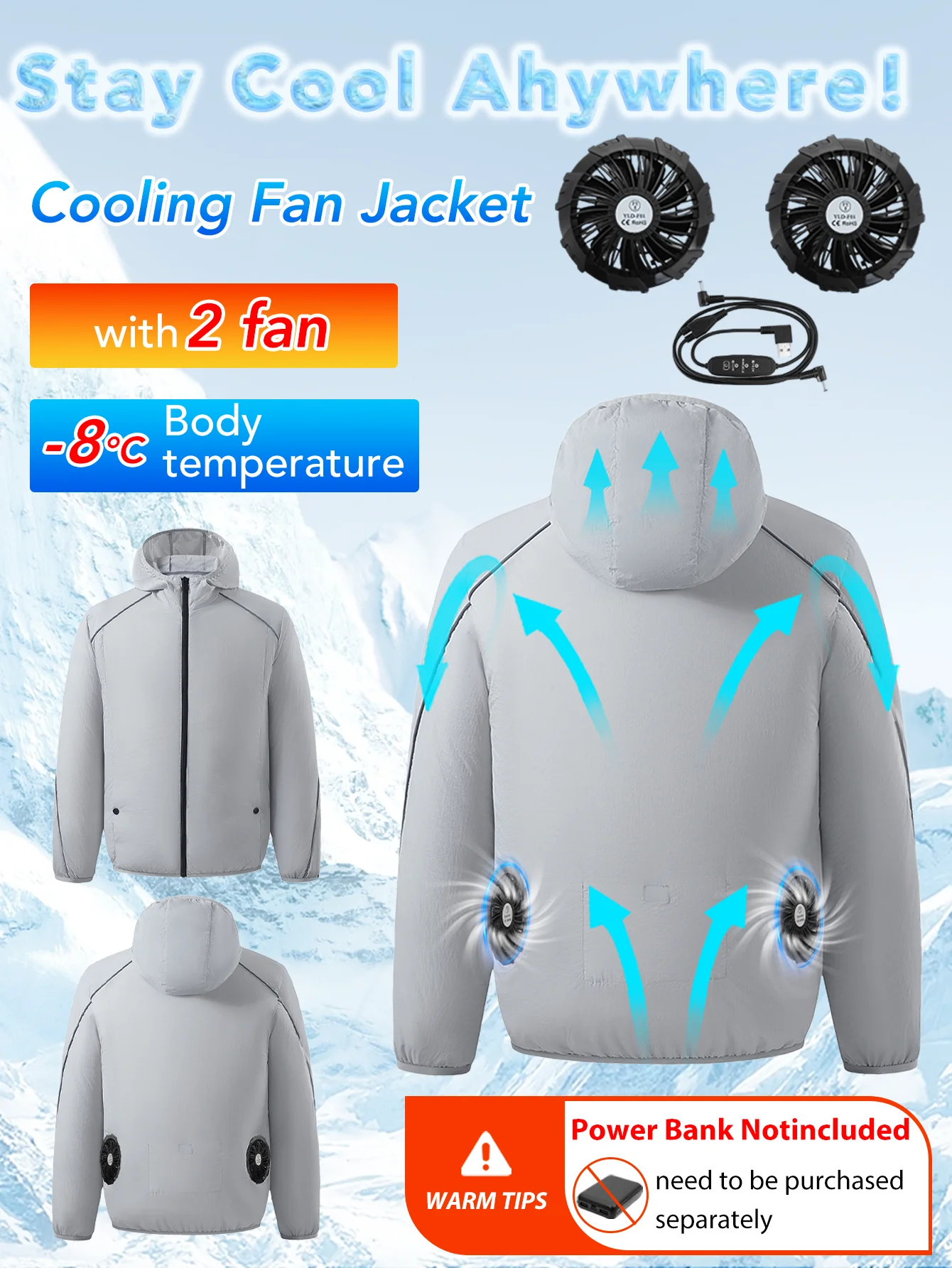 

куртка с вентилятором для мужчин с капюшоном, куртка с длинными рукавами, с 2 вентиляторами, регулируемым объемом воздуха в 3 уровнях, жилет с вентилятором (без блока питания)