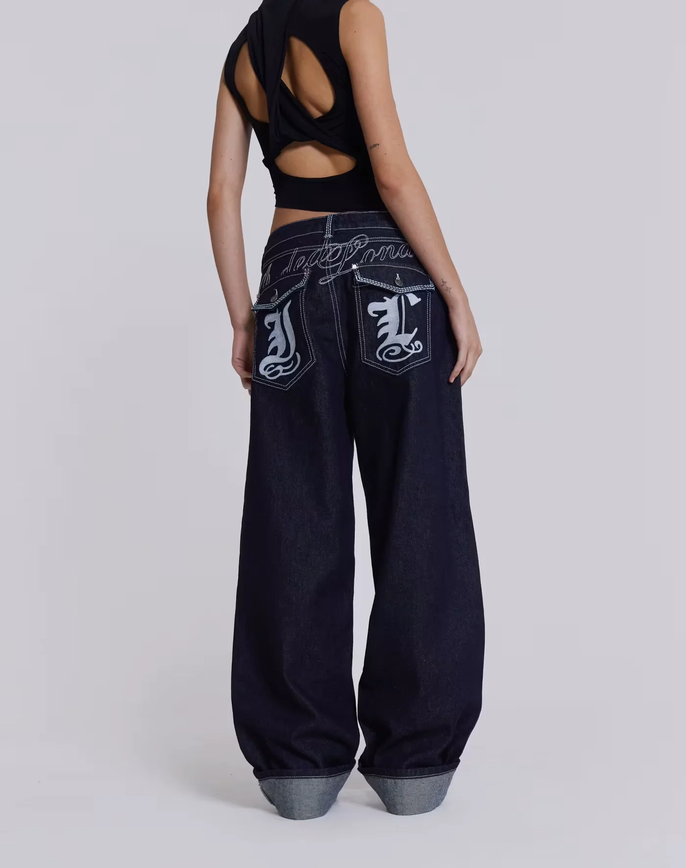 جاد جينز فضفاض مطرز، اللون الأصلي مستقيم الساق منتصف منخفضة الخصر ريترو فضفاض بنمط الألفية، نمط الشارع العصري الراقية الشارع Y2K الجينز، السراويل فضفاضة خمر مستقيم الساق #4