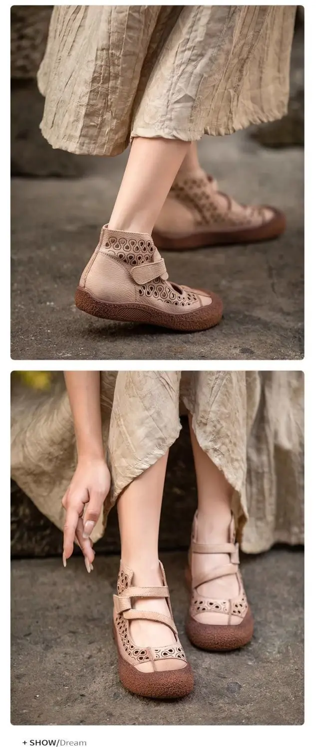 Sommerliche, atmungsaktive Stiefeletten aus echtem Leder, Sandalen für Damen, hohl geschnittene Schnürstiefeletten, handgefertigte flache Freizeitstiefel-Sandalen für Damen – Detail 5
