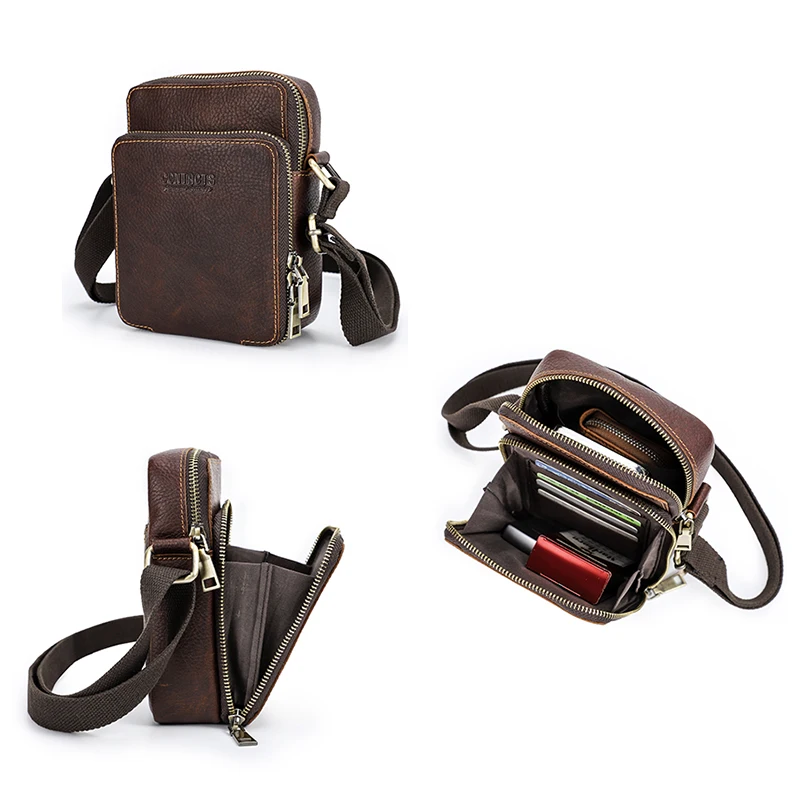 CONTACT\'S Genuine Leather Men Mini Crossbody Messenger Bags Phone Pouch Traveling Casual Small Shoulder Bag  Male Handbag