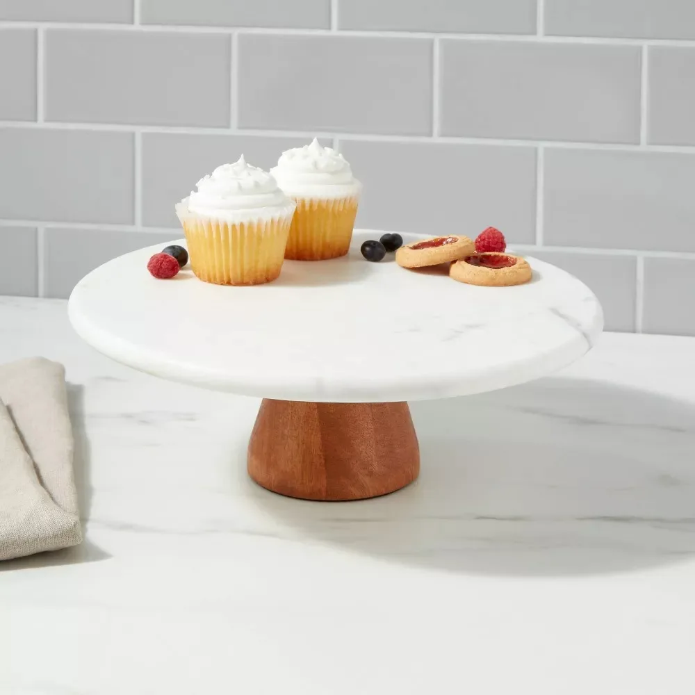 

Marble Cake Stand With Natural Wood Base,12" Round Cake Holder for Cupcakes,Birthday Parties,Showers,Weddings Parties & Events