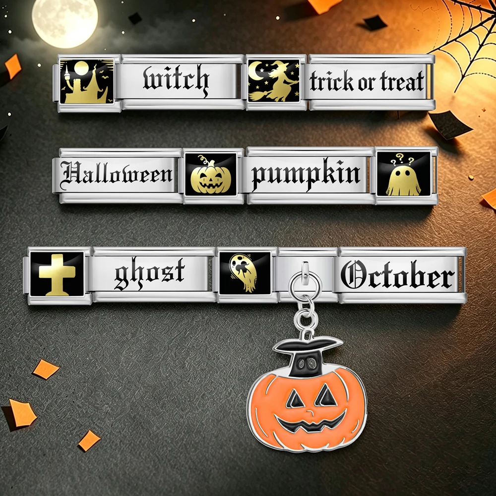 9x20mm Laser-Gravur Halloween Englische Wörter Edelstahl-Schmuck Italienische Charms Großpackung Gliederarmband Herstellung DIY-Zubehör – Detail 5