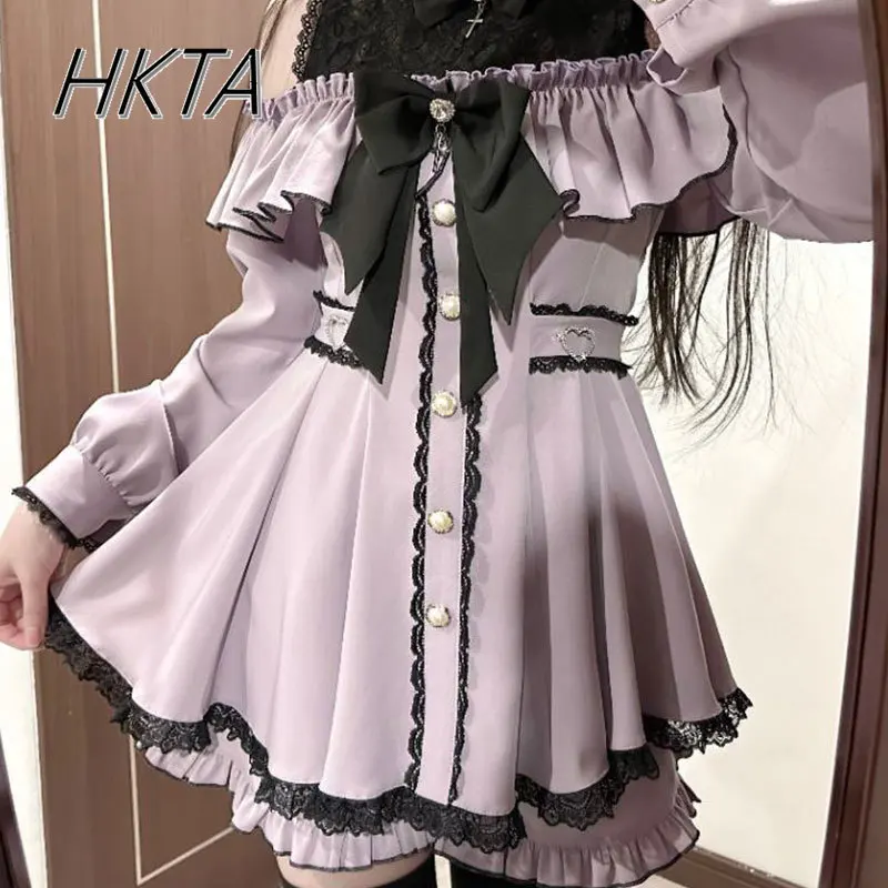 

Japanese Mines Off-shoulder Lace Splicing Long-sleeve Dress Shorts Suit Women 2025 Spring New Ruffle Leaf Bow Sweet Lolita Dress