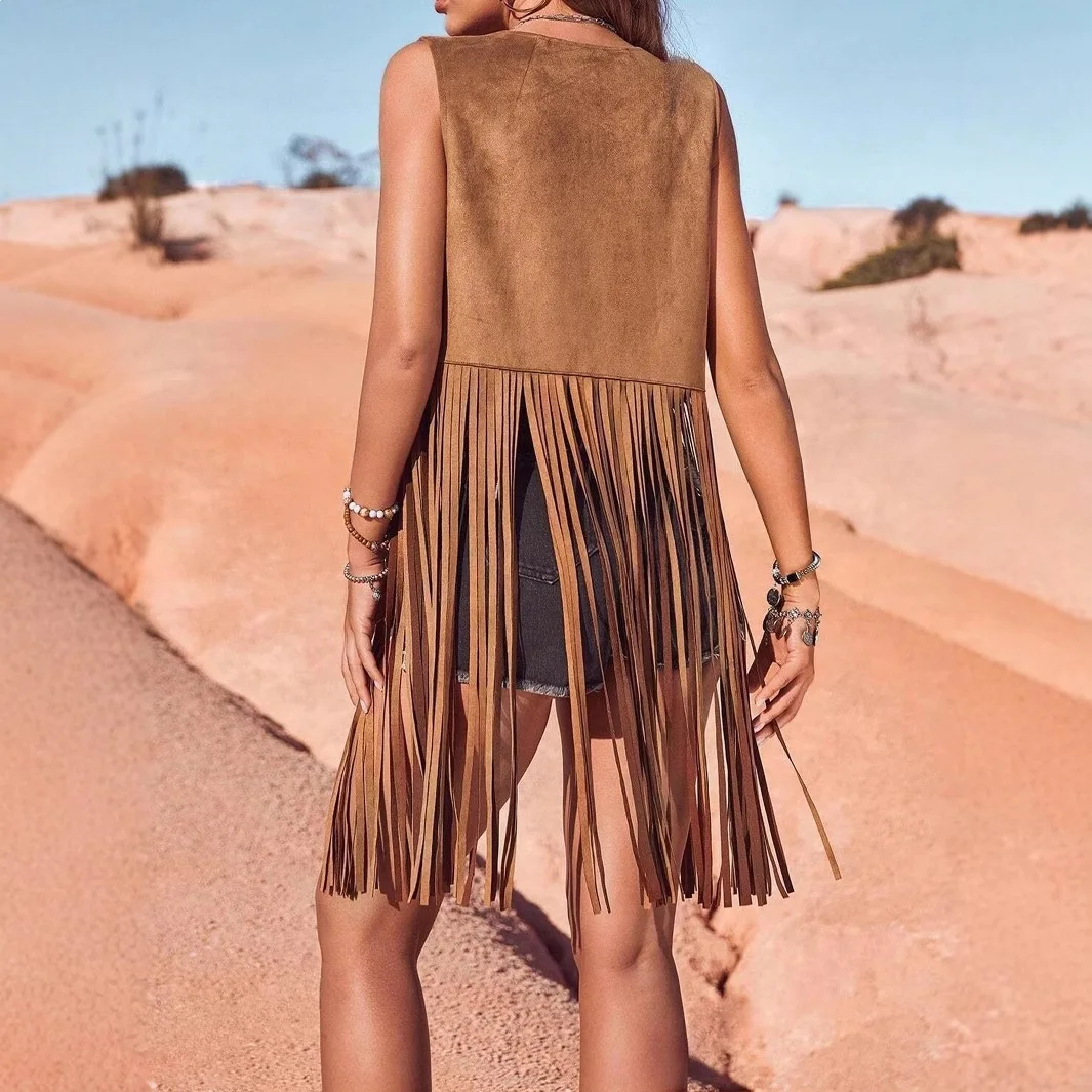 European and American style women's fashionable fringed vest sleeveless cardigan