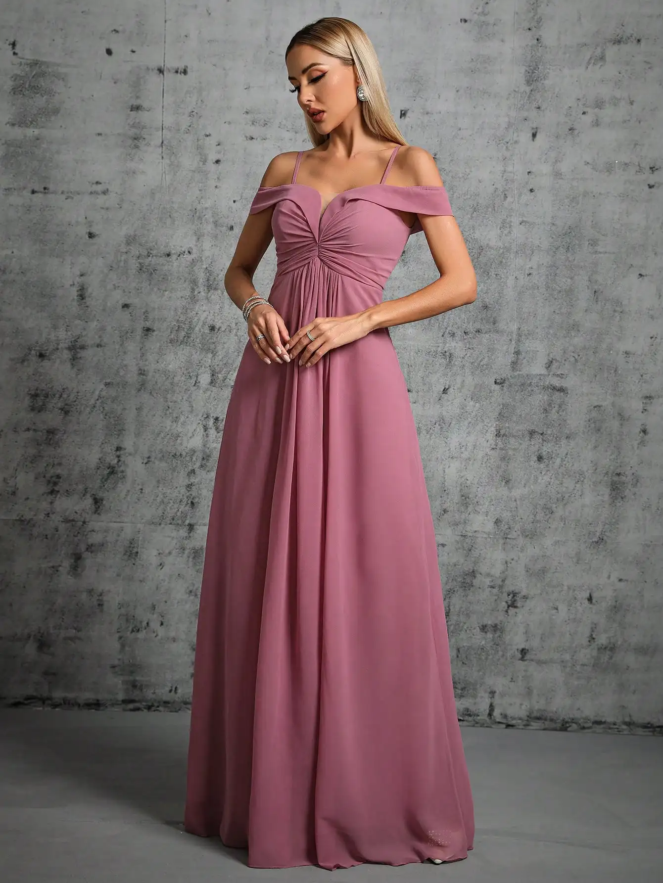 Mgiacy One-shoulder V-neck pleated chiffon long dress Evening Ball dress Party dress Bridesmaid dress