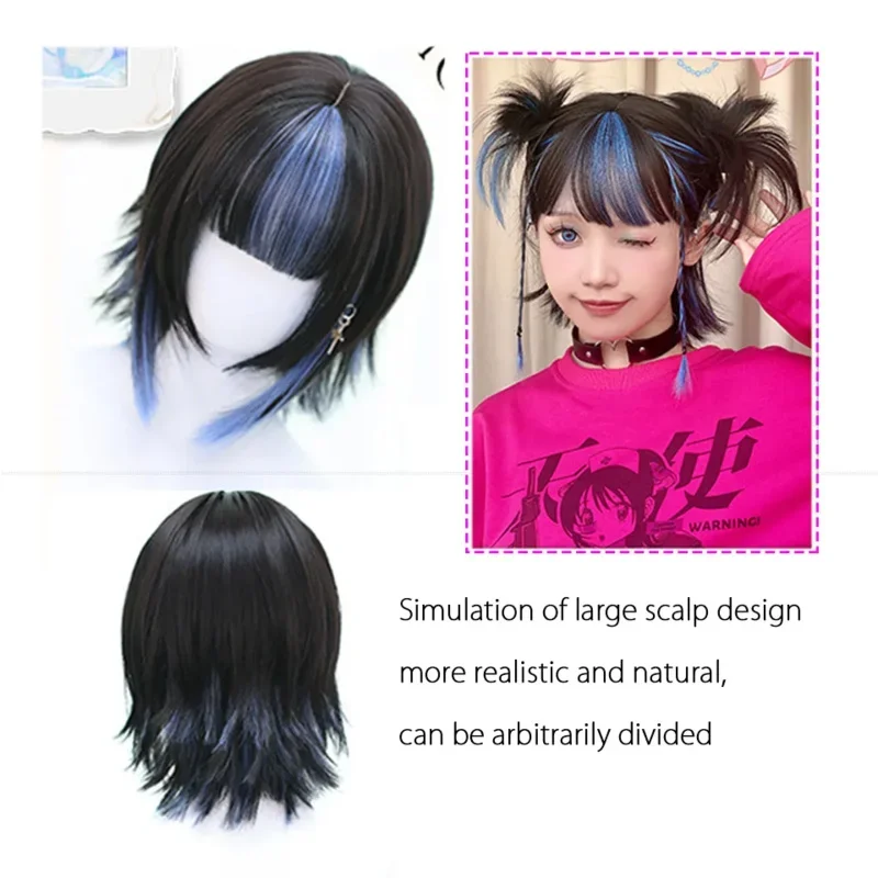 HOUYAN Short Hair Blue Highlights Black Female Bangs Lolita Cosplay Wig Heat Resistant Synthetic Hair Wig