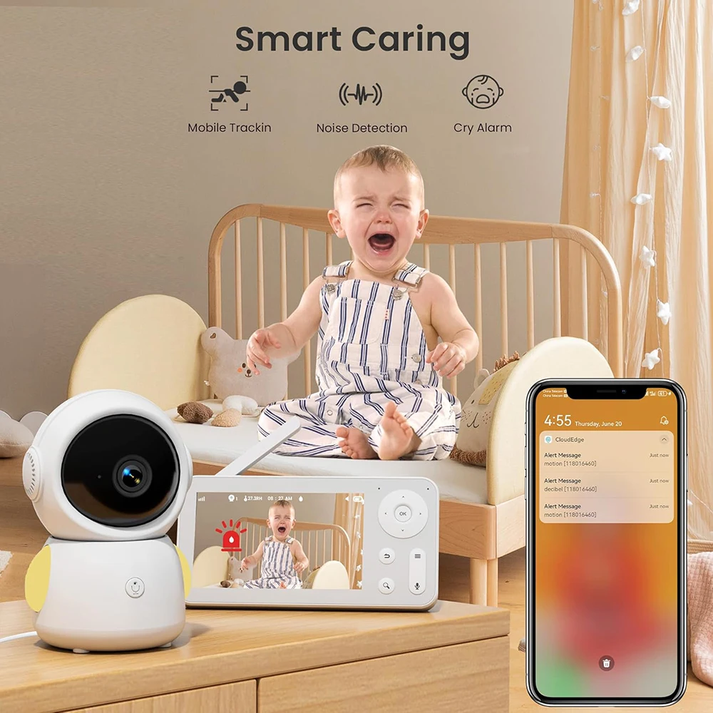 2K Baby Monitor with 2 Cameras and Audio Babyphone WiFi Smartphone 2.4G for Nursery Pet Elderly 355° Rotation RGB Night Light view 5