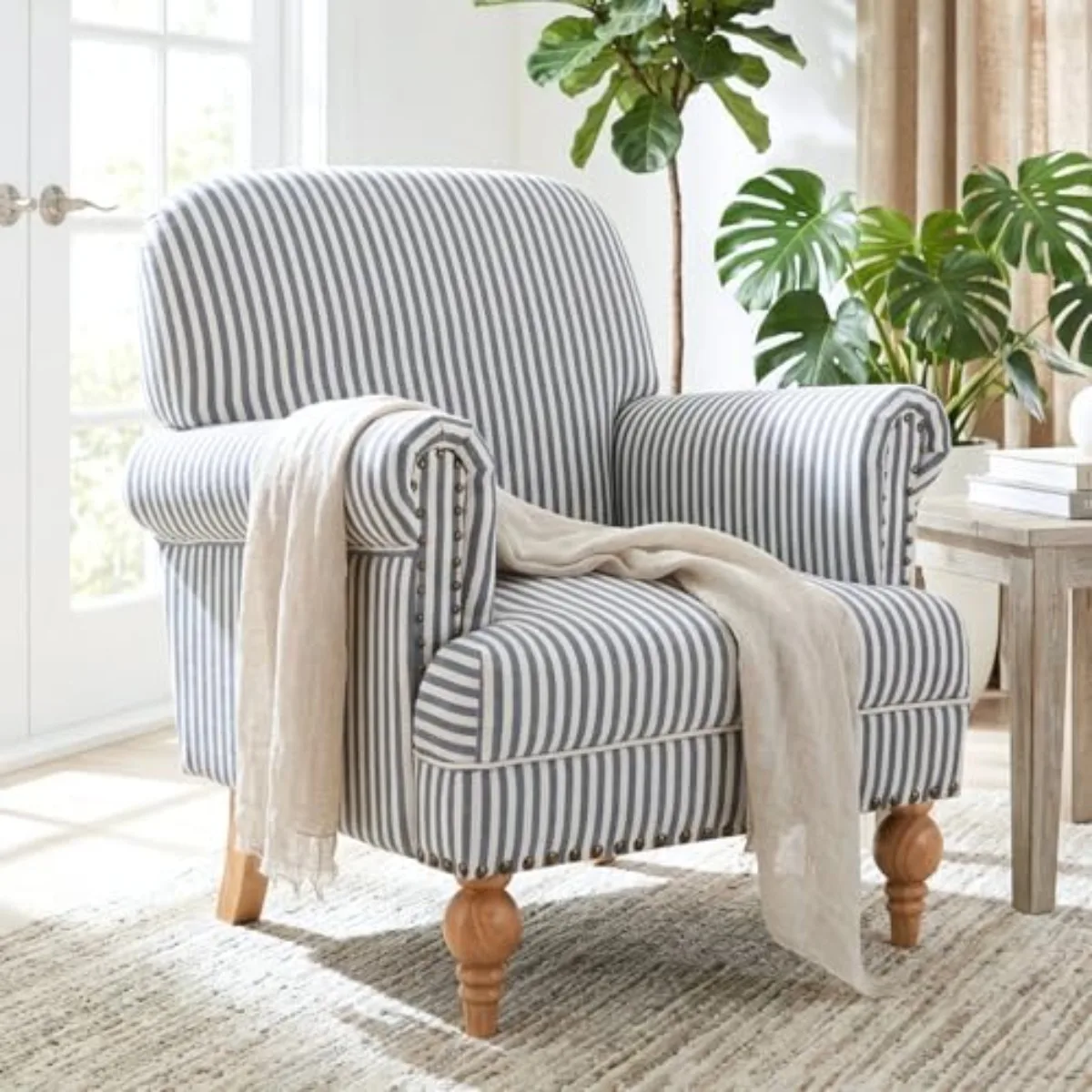 Blue Striped Linen Fabric Accent Chair, Coastal Upholstered Armchair with Nailhead Trim & Ball Turned Wood Legs, Modern