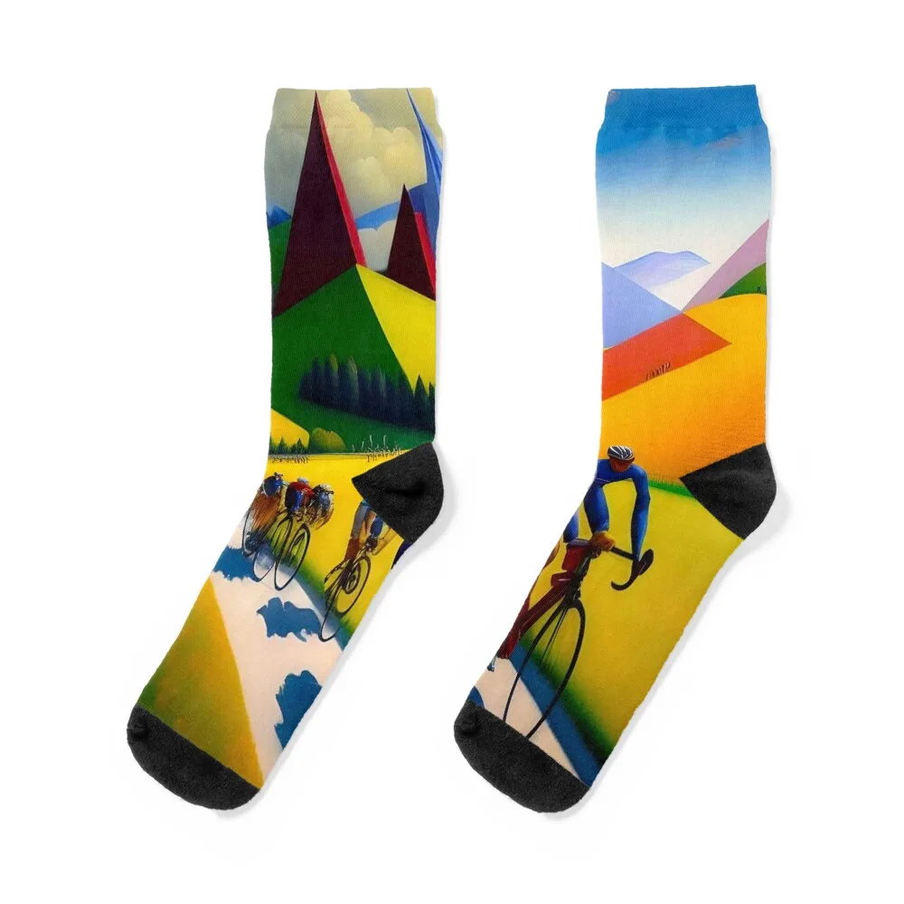 

The climb to the L'Alpe d'Huez; Tour de France bicyclists; bike racing cubism color landscape painting Socks