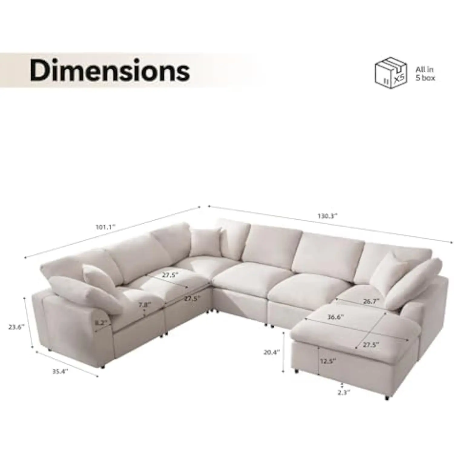 Modular Sectional Sofa Modern Oversized Cloud Couch with Movable Ottoman 7 Seater L-Shaped Sofas Comfy Couches for Living Room