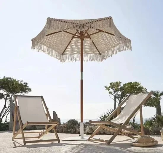 2026 2026 Best Sale Factory Luxury Outdoor Large sun Stripes garden Pole With Rotation Tassel Beach Umbrella