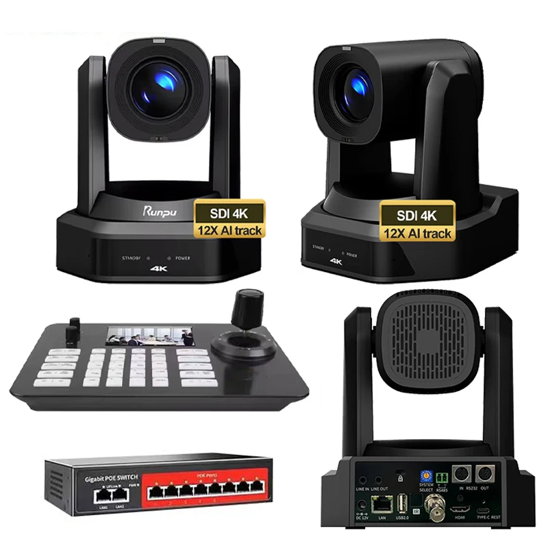 USD1658 Free Ship Kit HD66K-12=3 pcs SDI POE 4K 12X Zoom PTZ Conference Camera hd mi lan AI track+IP Controller+poe switch