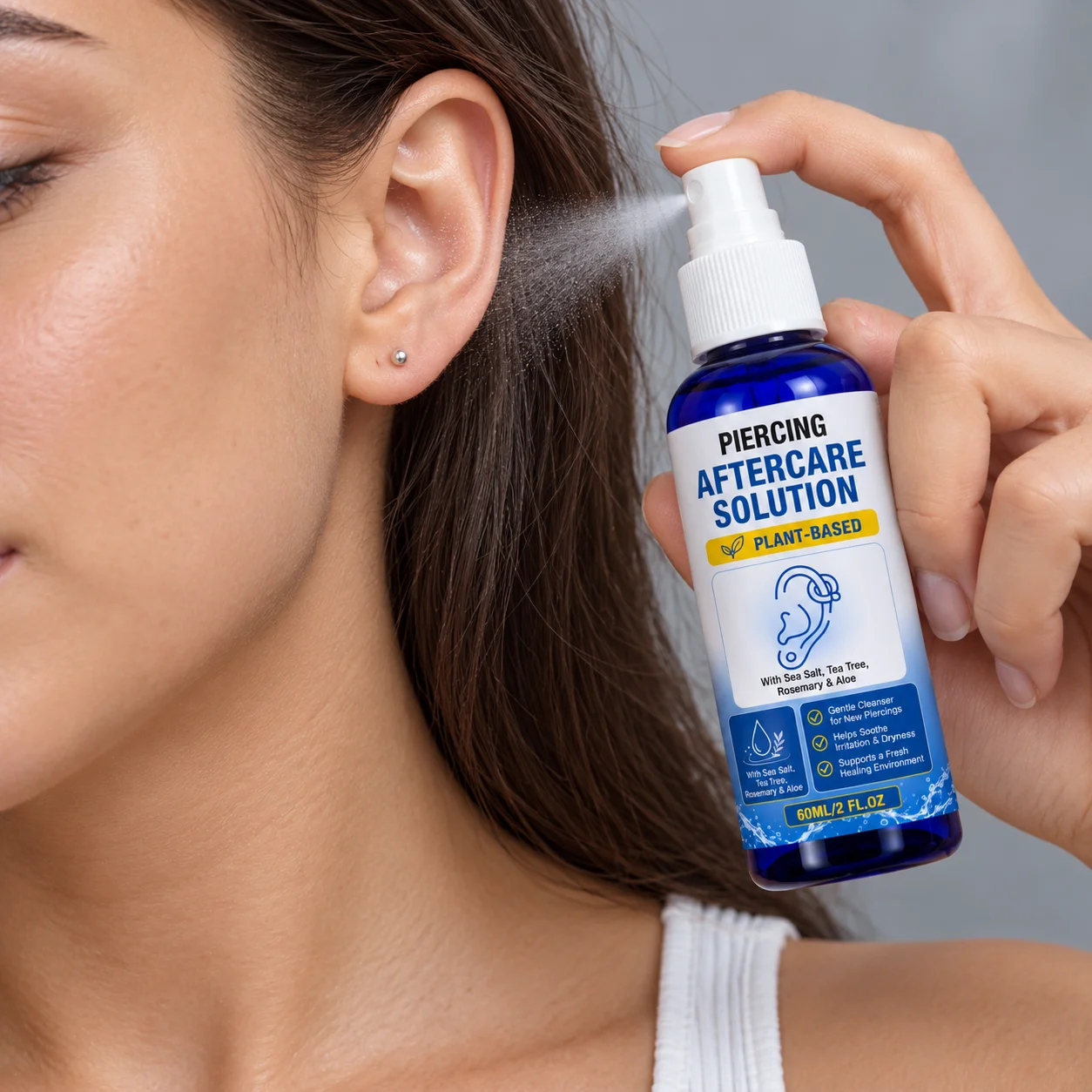 Piercing Care Solution With Aloe And Sea Salt 60ml Fine Mist Spray In A Compact Bottle With A Cap For Portable Daily Cleansing