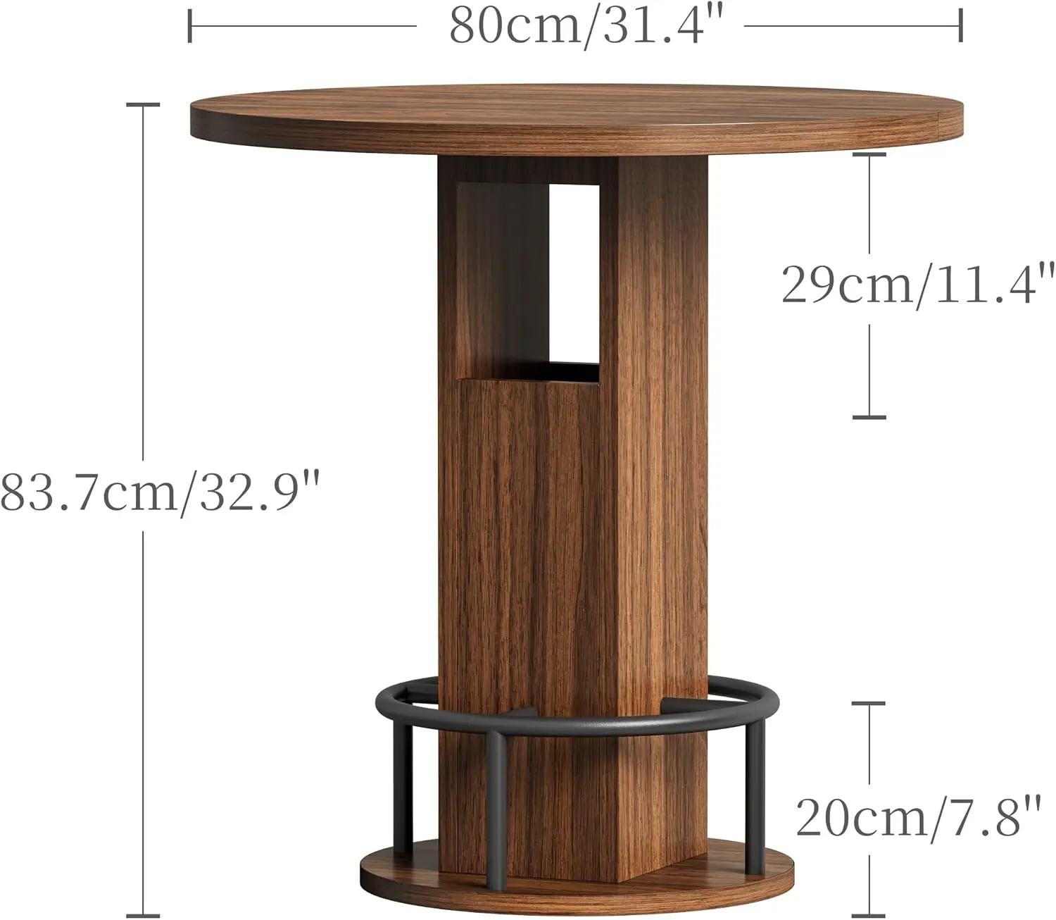 3-Piece Round Bar Table Set, Rustic Wooden Pub Table with 2 Chairs Industrial Bistro Dining Table Set with Footrest & Storage for Cafes, Bars, Dining, Living Room, Small Space,Walnut Brown