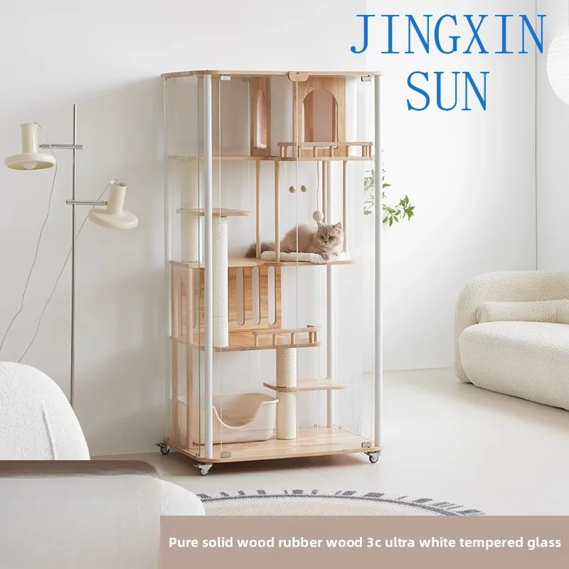 Luxury Cat Villa 360 Panoramic Tempered Glass Ultra White Glass Cat Nest Movable Interior