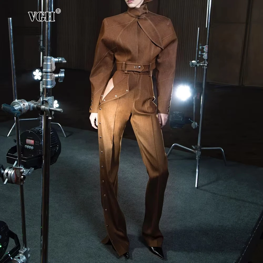 

Fashion Two Piece Set for Women's Stand Neck Long Sleeve Spliced Bow Top High Waist Patchwork Button Pant Suit Female Autumn New