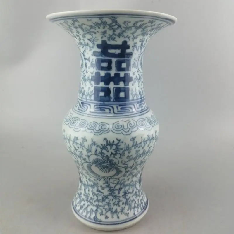 Old China Blue and White Porcelain Painted Double Happiness Vase Jar Pots Wine Jar Ornaments Decor Home Living Room Decoration