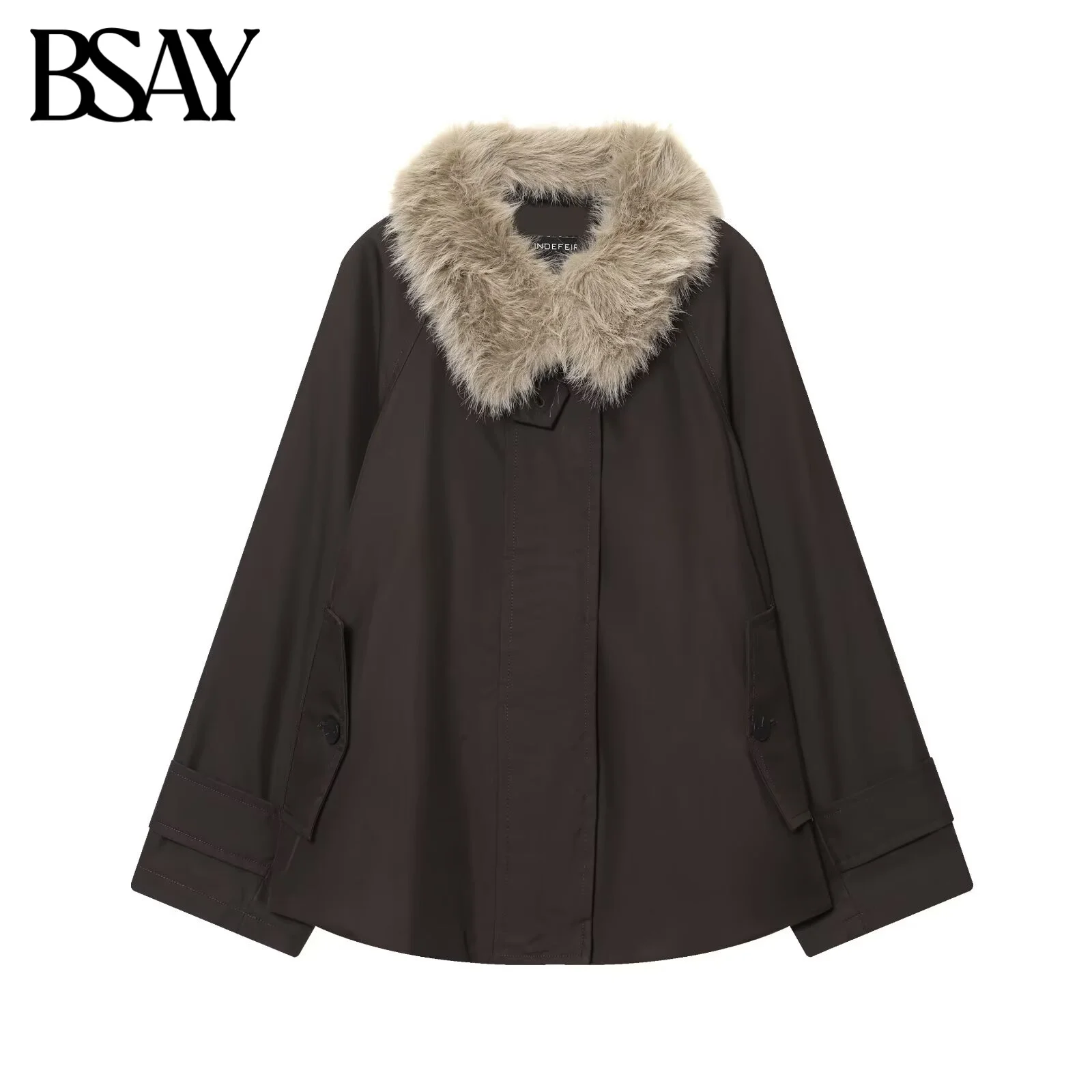 

BSAY Fur Collar Waterproof Jacket for Women Fashion Autumn Winter New Solid Color Long Sleeve Zip Warm Short Jackets Coat