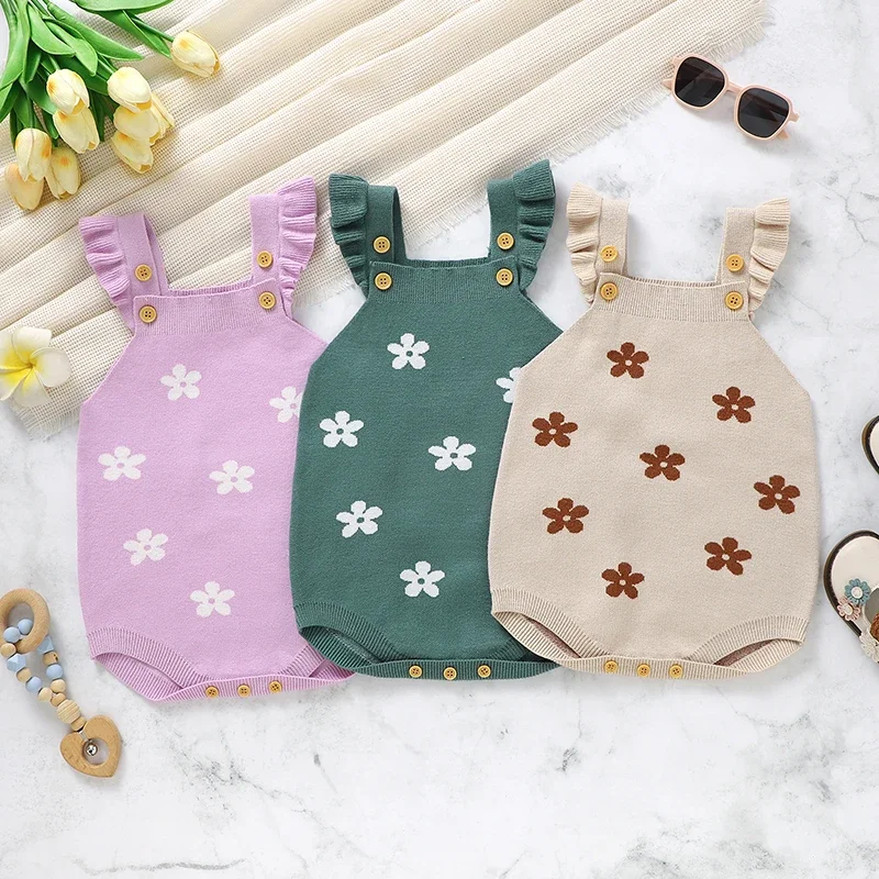 

Baby Bodysuits Knitted Infant Kid Clothing Cute Floral Overalls 0-18M Sling Ruffles Newborn Girl Boy Jumpsuit Sleeveless Rompers