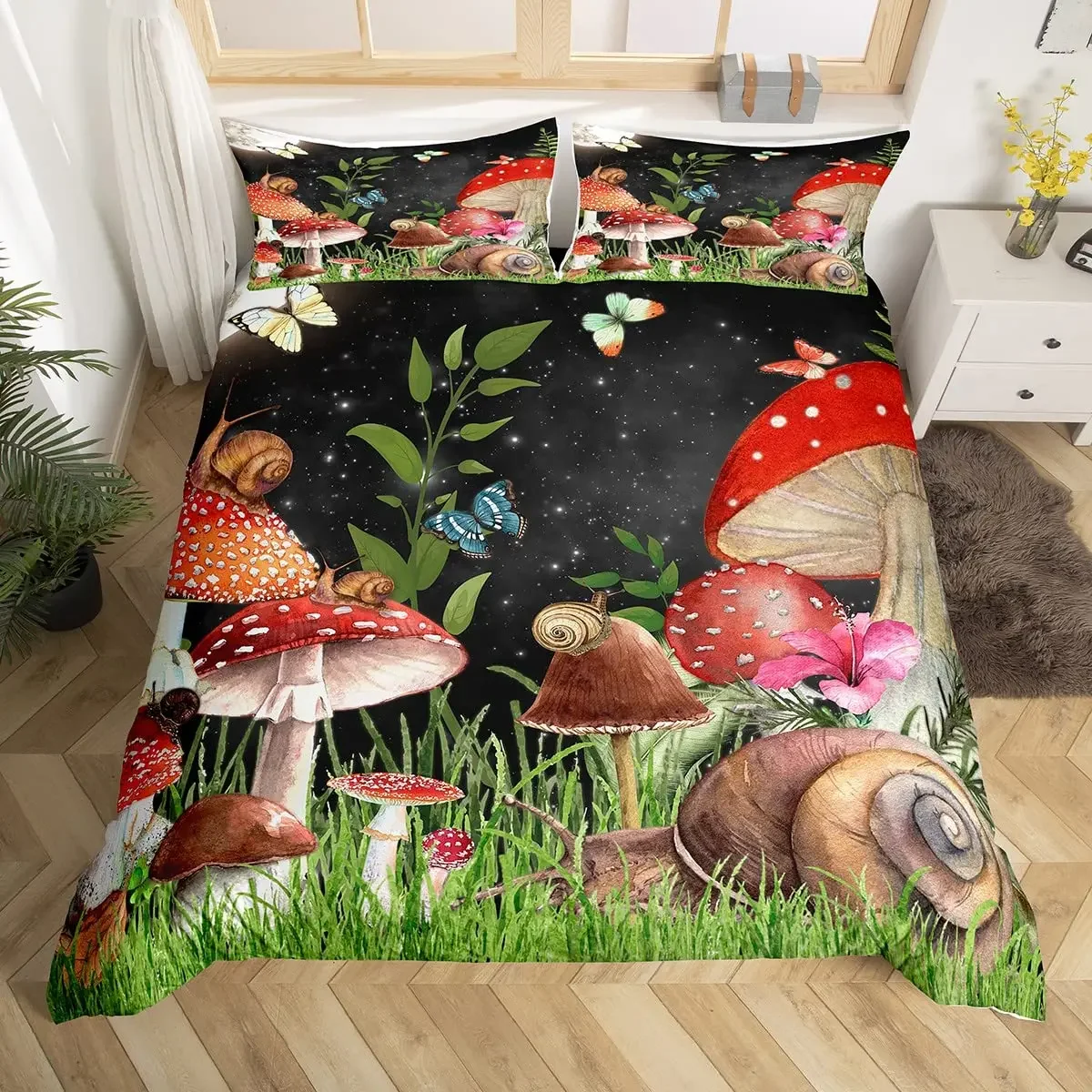 Mushroom Duvet Cover Set Queen,Golden Moon Stars Bedding Sets,Psychedelic Moth Oil Painting Planet Leaves Flower Comforter Cover