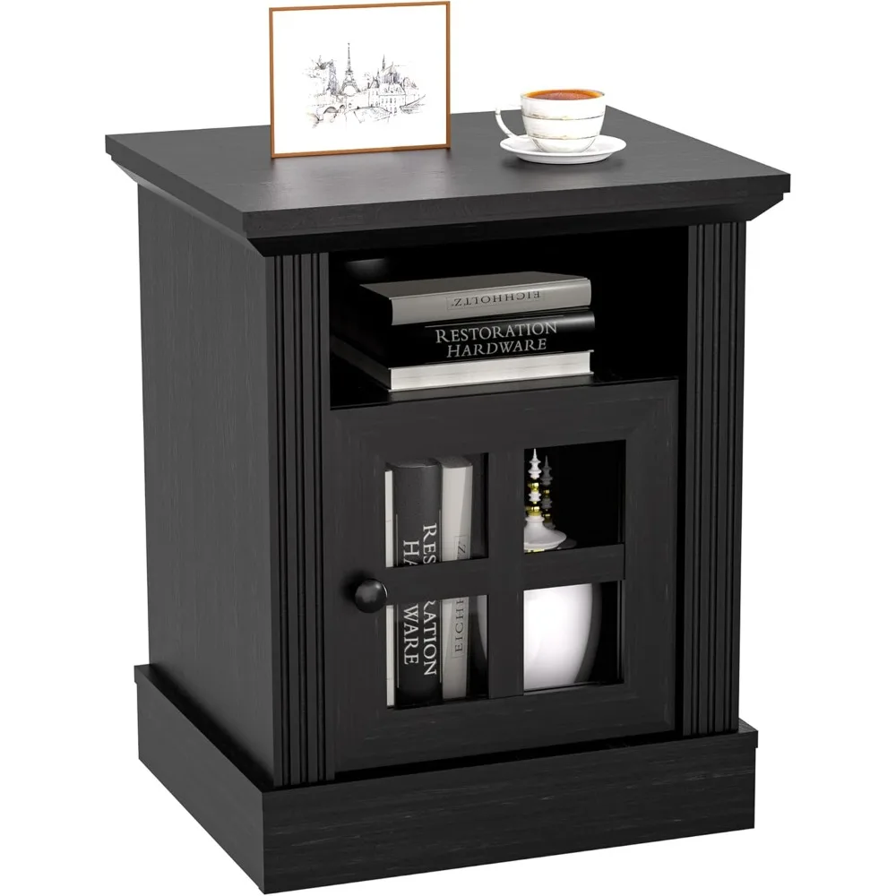 

End Table with Storage Shelf, Farmhouse Nightstand w/Tempered Glass, 3-Tier Side Table Rustic Wood for Living Room