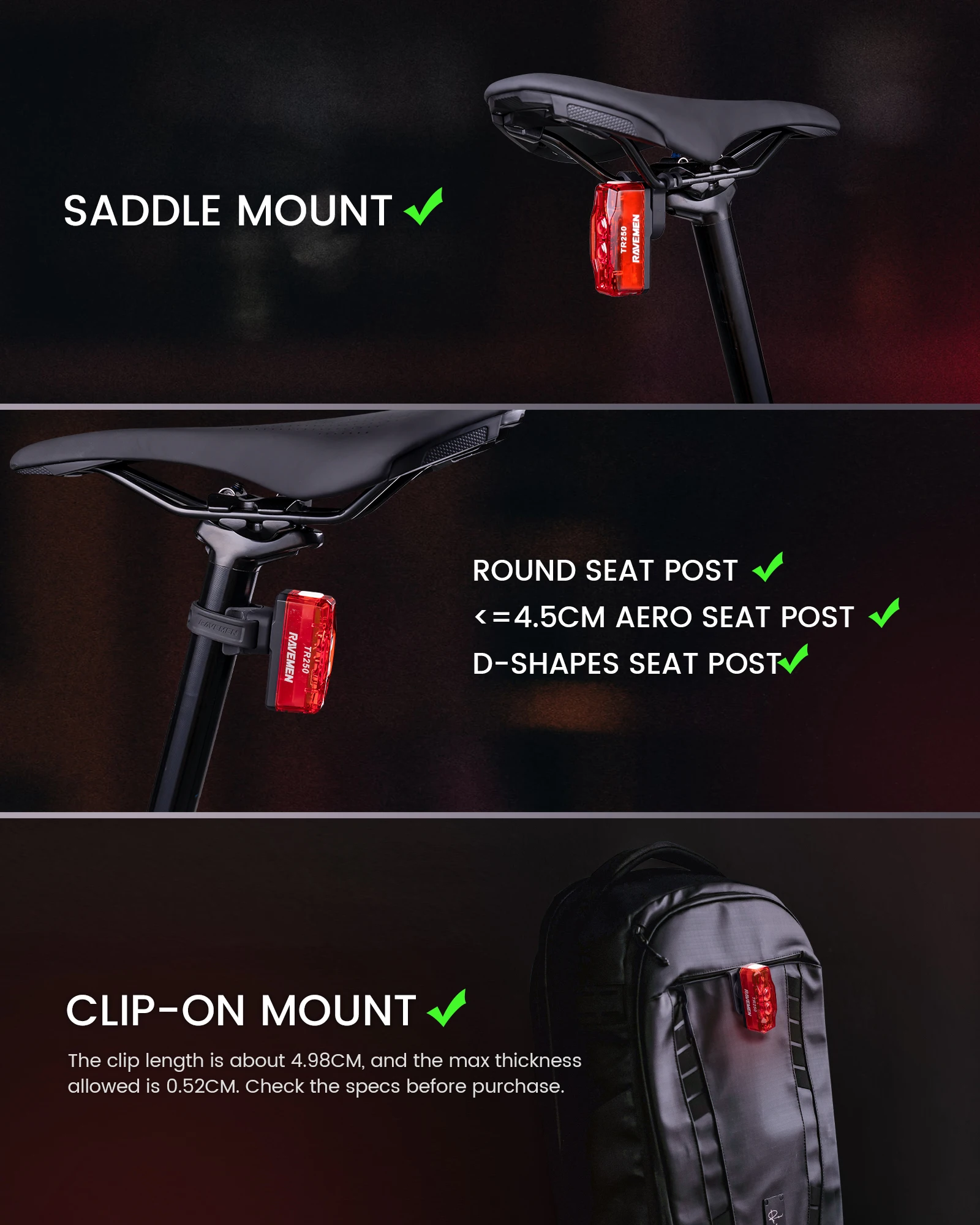 Luz trasera para bicicleta RAVEMEN TR250, lámpara trasera recargable con soporte ABM07, Sensor de freno, encendido y apagado automático, 250 lúmenes LED, IPX6