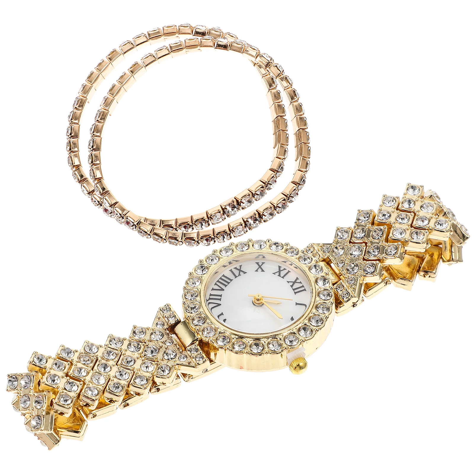 

2Pcs Rhinestone Diamond Watch and Bracelet Set Precise Quartz Movement for Stylish Comfortable Wristwatch Gift for Her