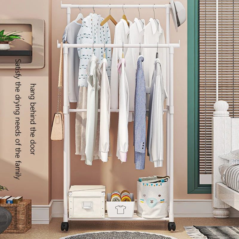 Floor Standing Coat Rack Movable Bedroom Double Rod Hanging Clothe Rack Multilayer Storage Rack For Clothes Hats And Shoe