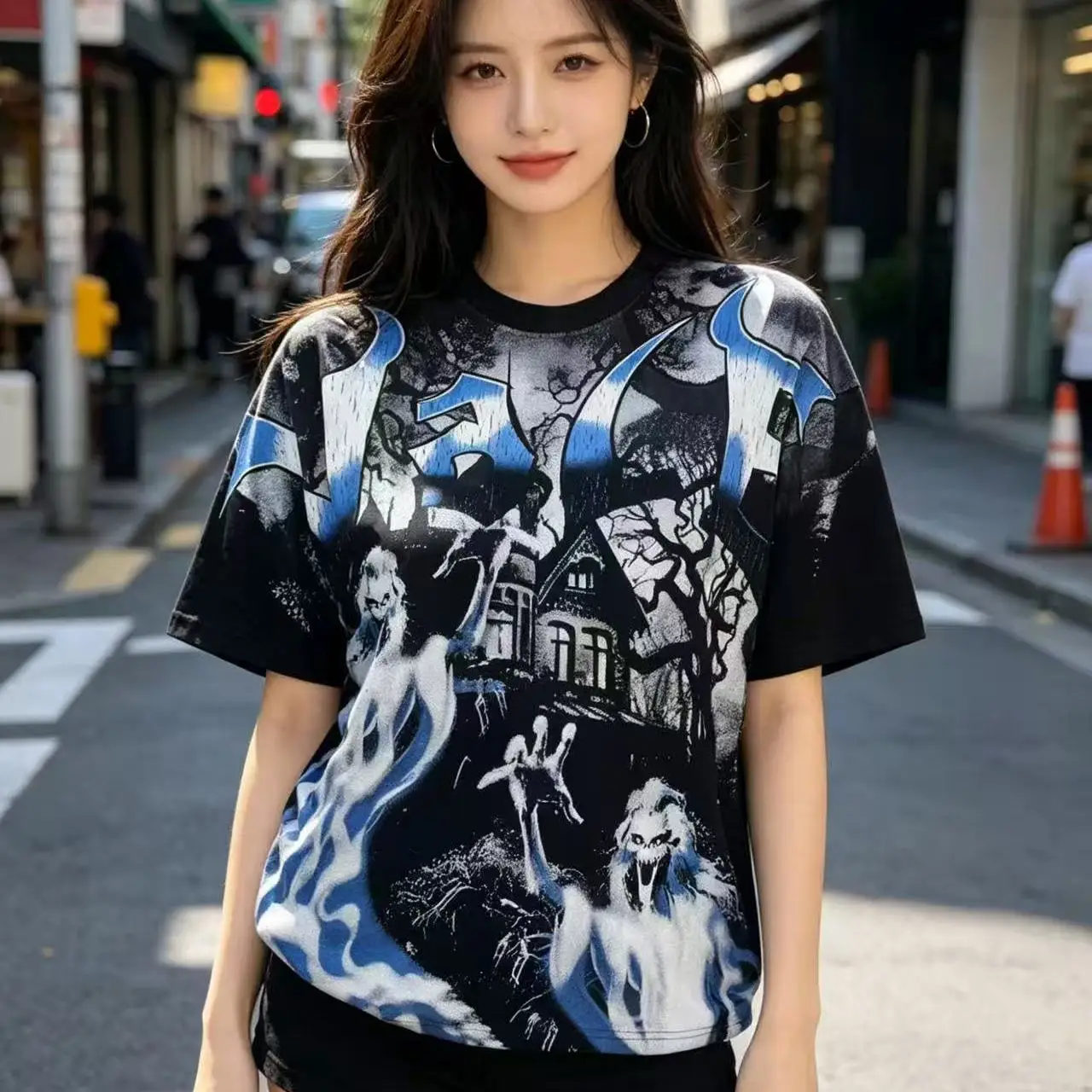 Vale Valley American Trendy Brand Devil Print Washed Vintage INS Style High Street Pure Cotton Short Sleeve T-Shirt Streetwea...