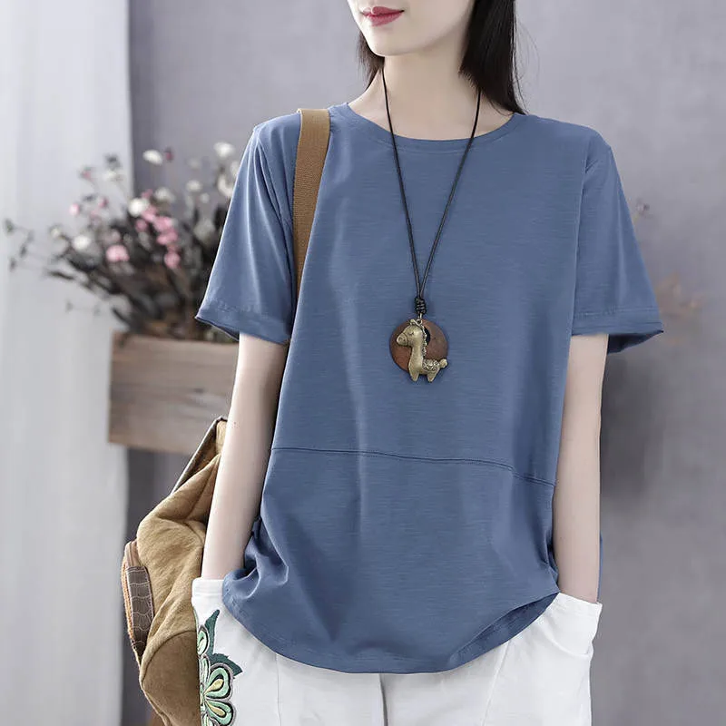 Summer New 2023 Korean Large Women\'s Clothing Short Sleeve Round Neck Tee T-shirt Loose Versatile Solid Color Vintage Tops