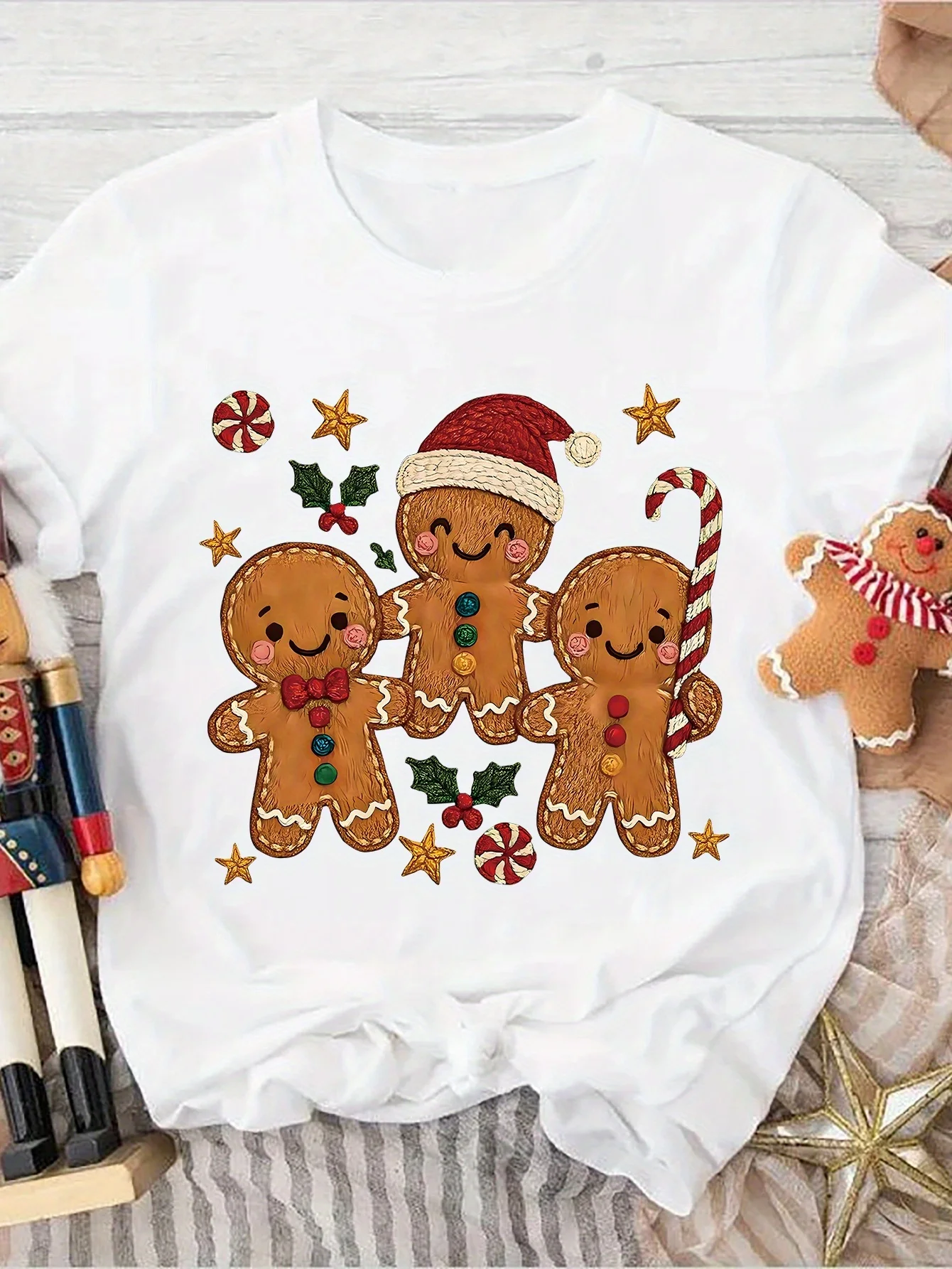 Women Tee Three Gingerbread Men Candy Cane Holly Star Christmas Graphic Print Round Neck Short Sleeve Soft Ladies Casual Shirt