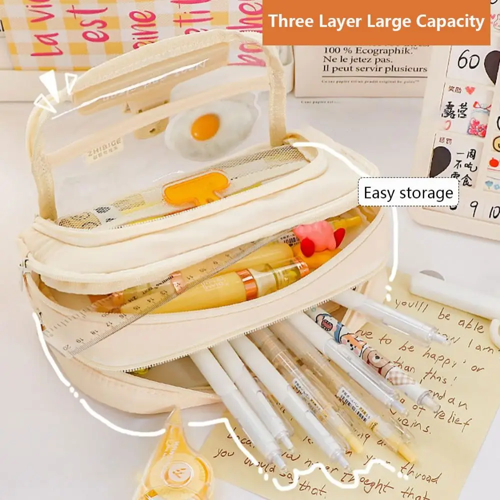 Simple Three Layer Pen Bag Large Capacity Translucent Stationery Organizer Multifunctional Stationery Bag Student Gift