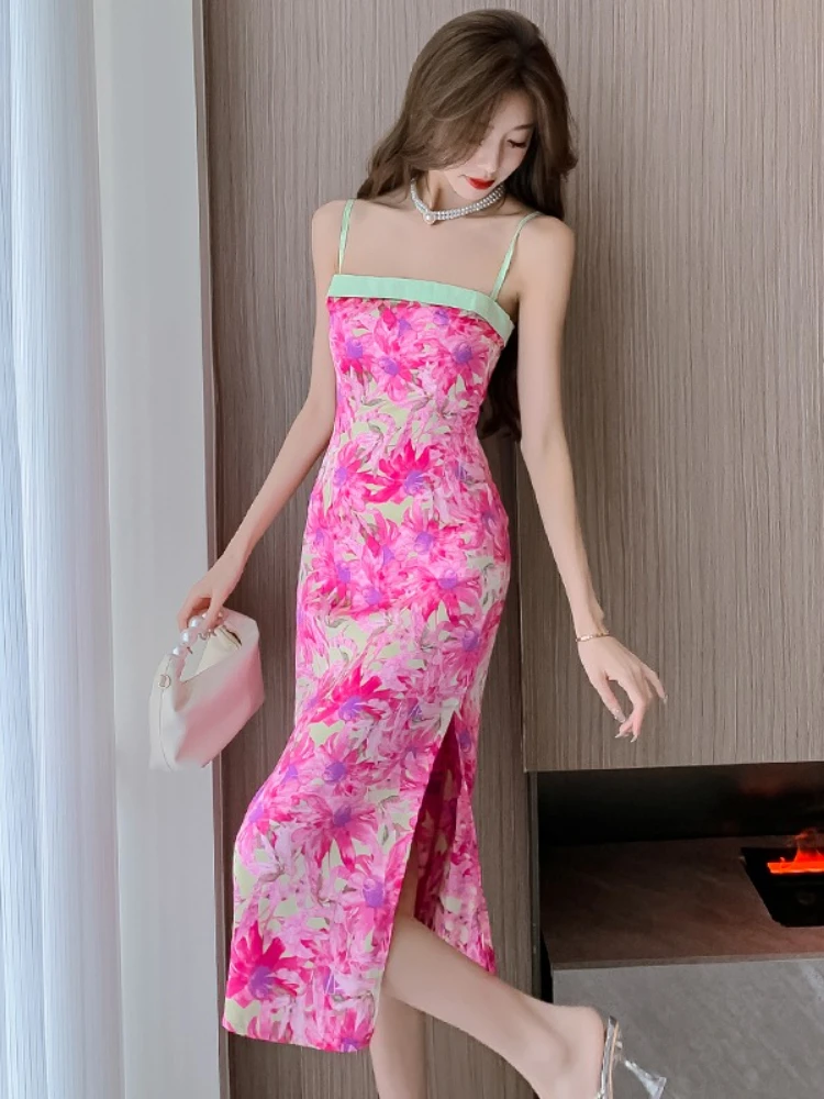 

Spring Summer floral sling Dress Women Midi Dresses Female Sleeveless Printed Casual Dress