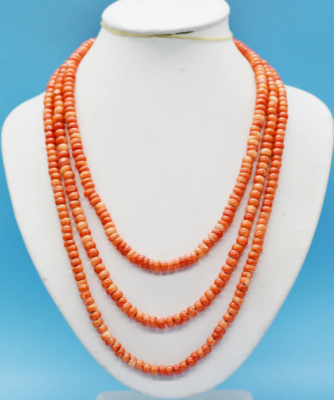 

3 rows 6MM natural orange coral necklace 19-25"