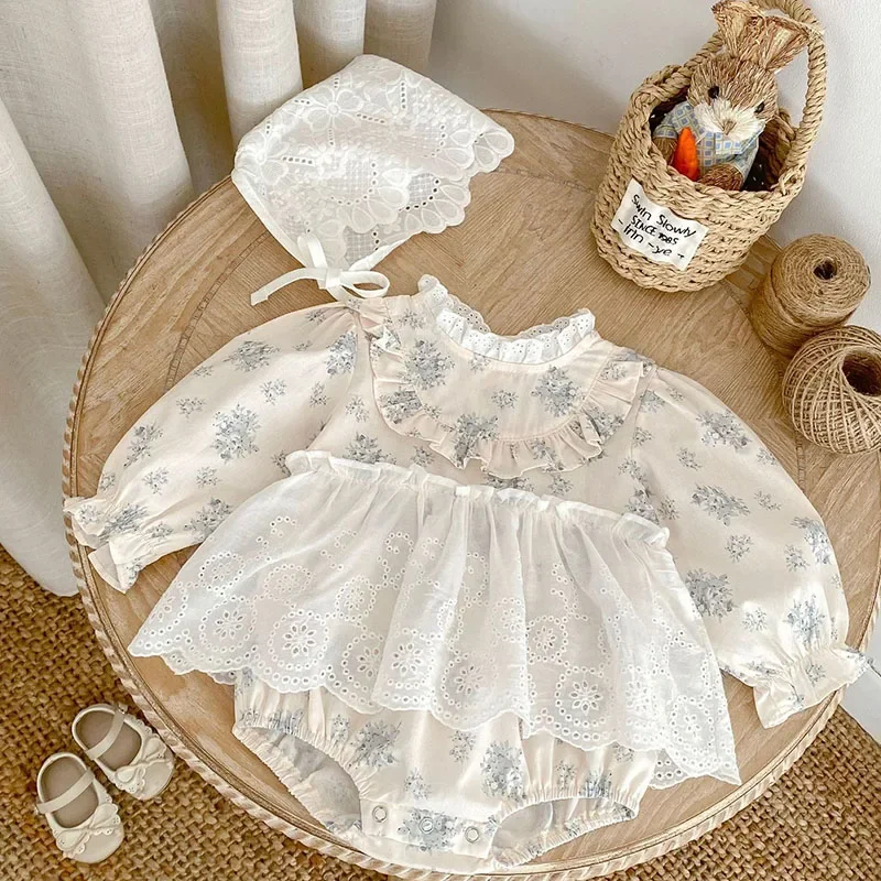 2025 New Spring Newborn Baby Girl Jumpsuit Long Sleeved Cotton Print Lace Splicing Toddler Baby Romper 0-24M Children Clothes