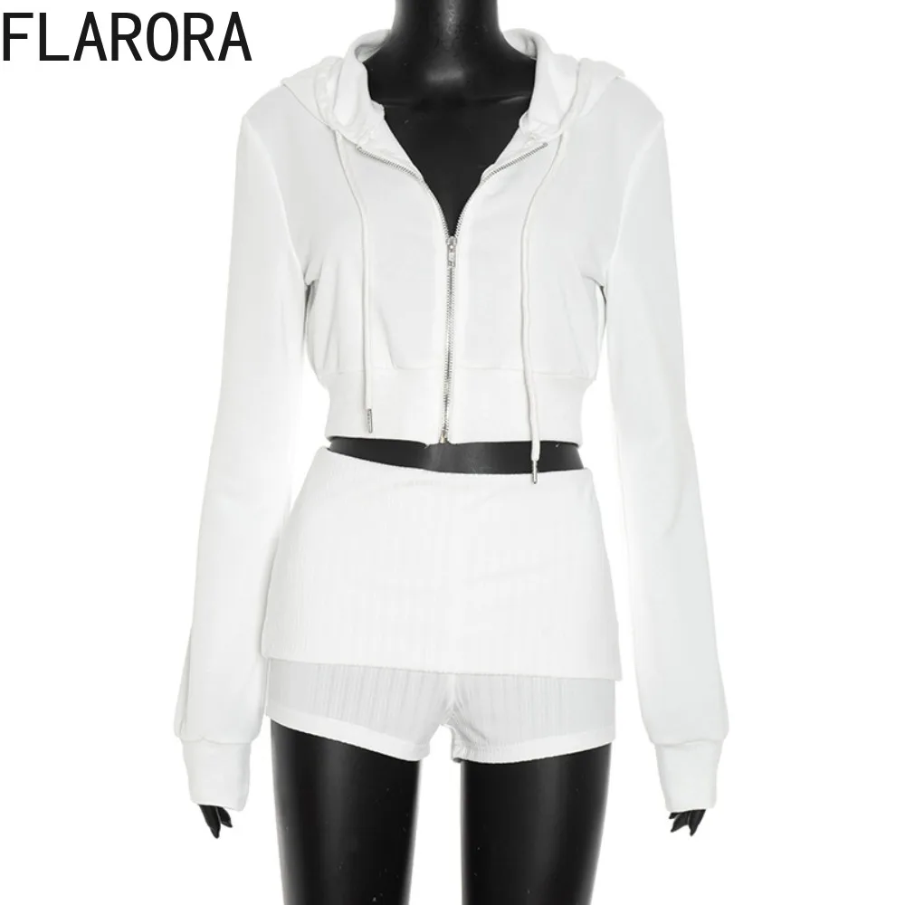FLARORA Autumn Casual 2 Pieces Sets Woman Solid Color Zip Long Sleeve Hooded Crop Jackets And Shorts Outfits Street Tracksuits