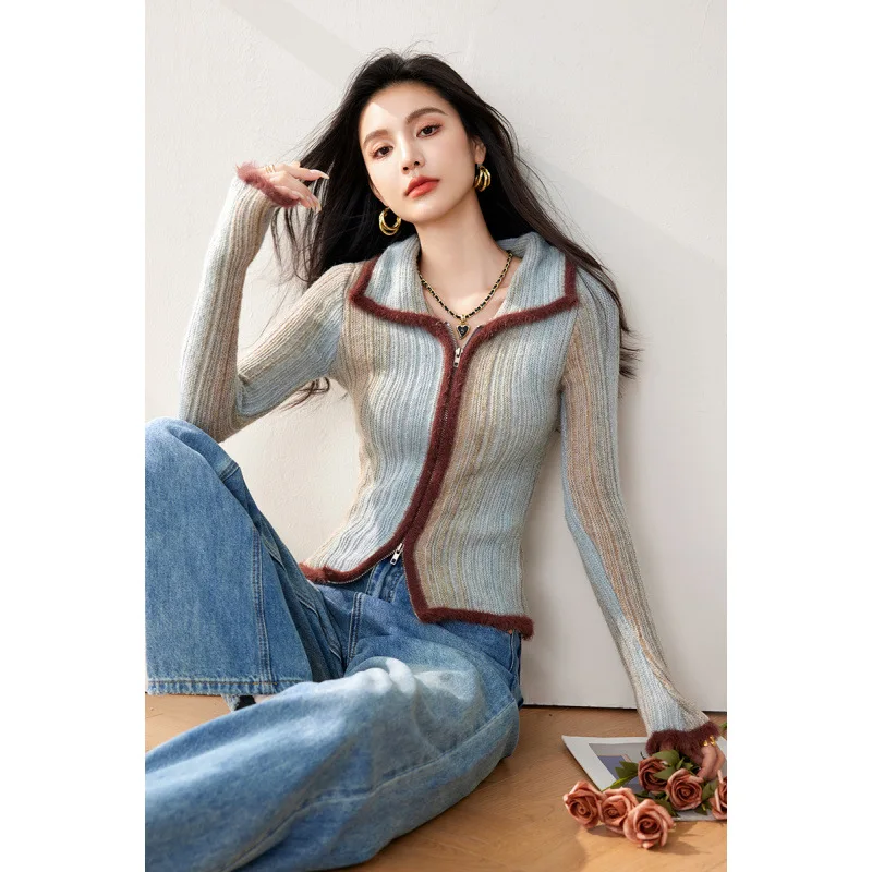 2024 Autumn and Winter New Unique American Retro Spice Girl Gradient Color Lapel Sweater Temperament Knitted Cardigan Woman