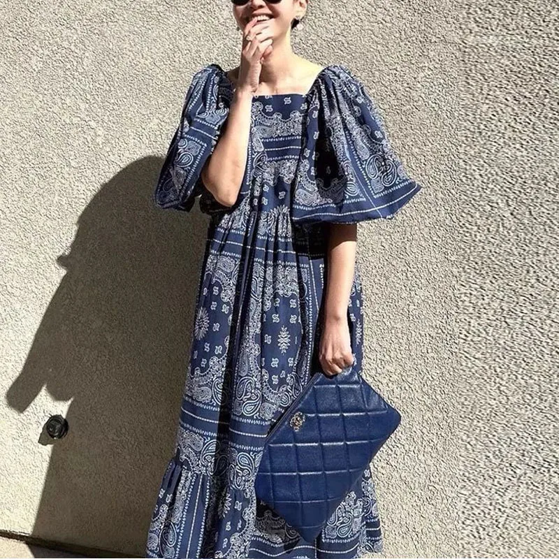 

Korean Y2K Harajuku Paisley Summer Vintage Women Lazy Wind Square Neck Ethnic Style Printing Loose Casual Puff Sleeve Long Skirt