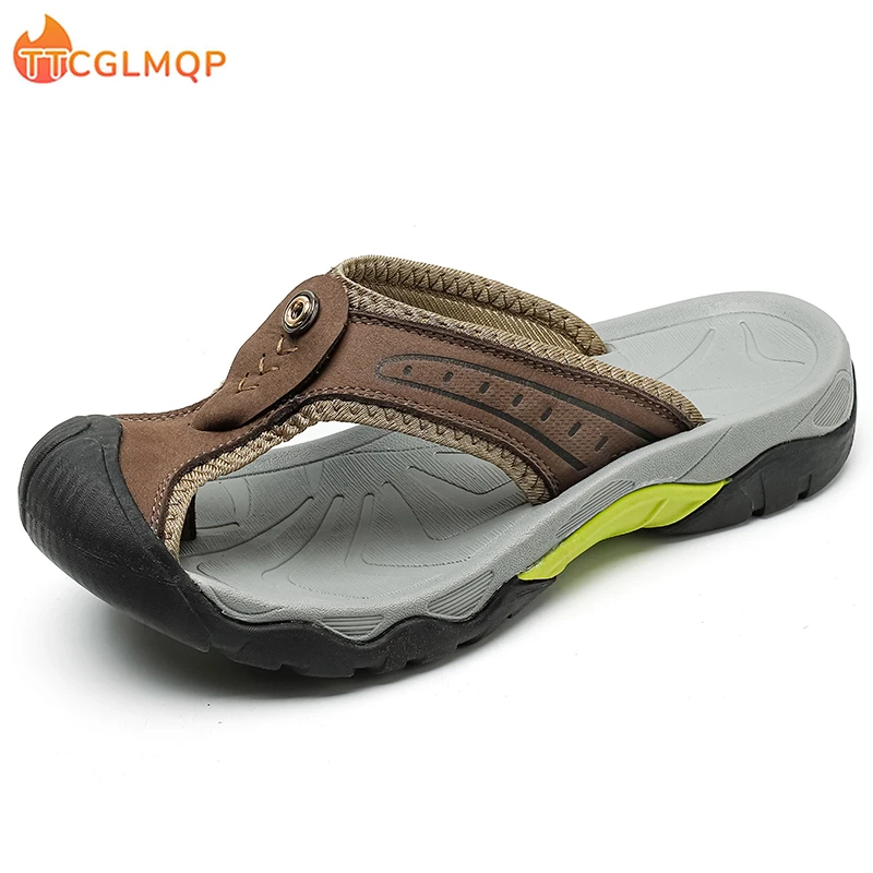 

New Quality Leather Non-Slip Slippers Men Beach Sandals Comfortable Summer Shoes Men Slippers Classics Men Flip Flops Big Size