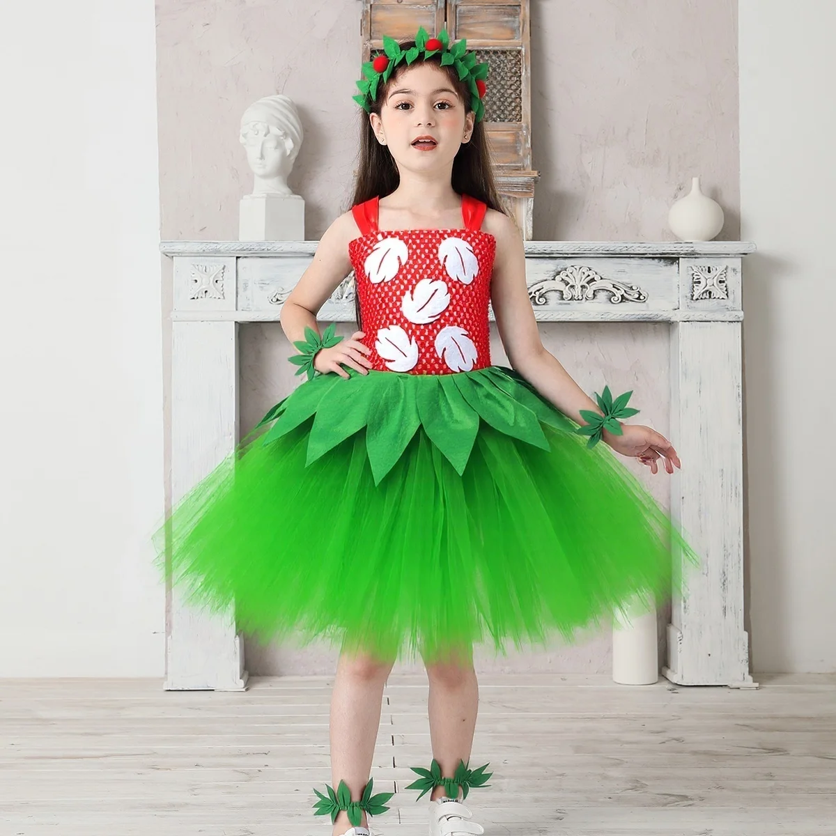 

Hawaiian Lilo Leaf Girls Tutu Dress for Kids Party Princess Costume With Garland Baby Girl Christmas Halloween Hula-hula Outfit