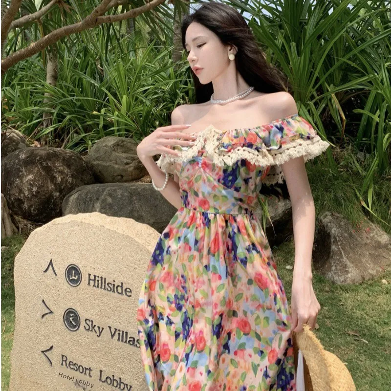 Summer Long Printed Dr Women's Beach Vaion One-oulder Floral Oil Painting Print A-Line Gown High Waist Svel