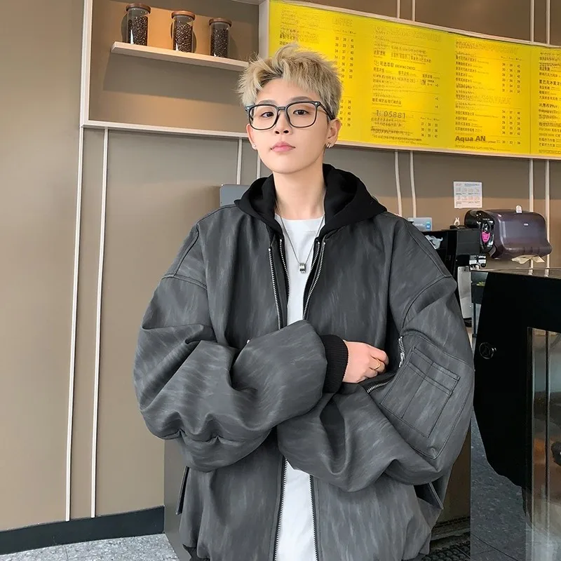 

Retro American Sle Men's Leather Jaet Coat Spring Autumn Casual Hooded Worn Look Faionable High Street Japanese Sle