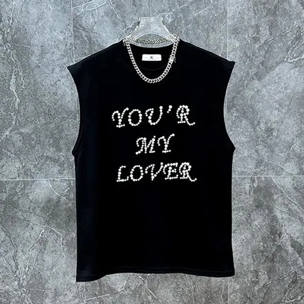 Mens Vest Rhinestone Letter Sleeveless Vest Autumn Casual Versatile Korean Style Faddish Popular Top Men's Clothing Unisex 2024