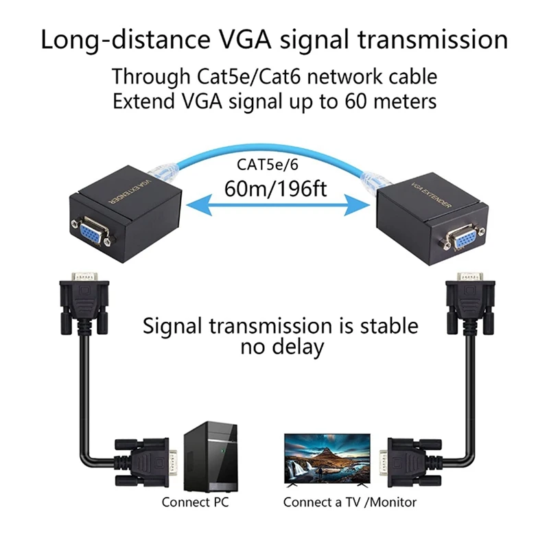 1 Pair VGA Extender 60M VGA To RJ45 Signal Extender Cat5e/6 Lan Ethernet 1080P Transmitter Receiver For PC Laptop