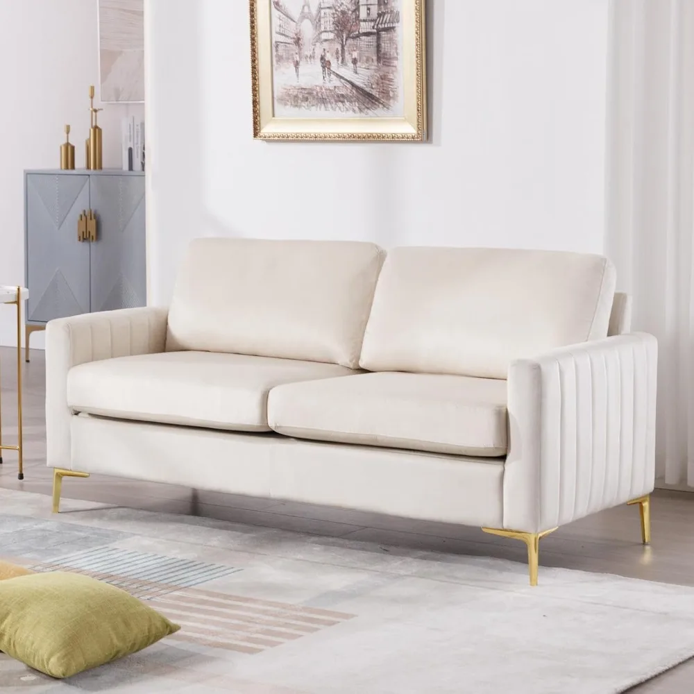 Samt-Loveseat-Sofabouch, 65 Zoll breit, gepolstertes, kanalgetuftes, bequemes 2-Sitzer-Sofa mit Metallbeinen, moderne Couch aus der Mitte des Jahrhunderts