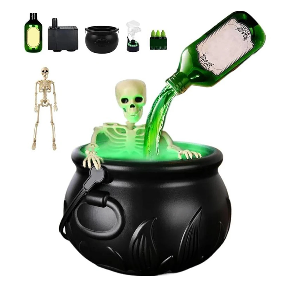 Halloween Witch Bowl Magic Cauldron With Fog Maker & Floating Bottles Skeleton Horror House Ornament Halloween Decor Scary Props