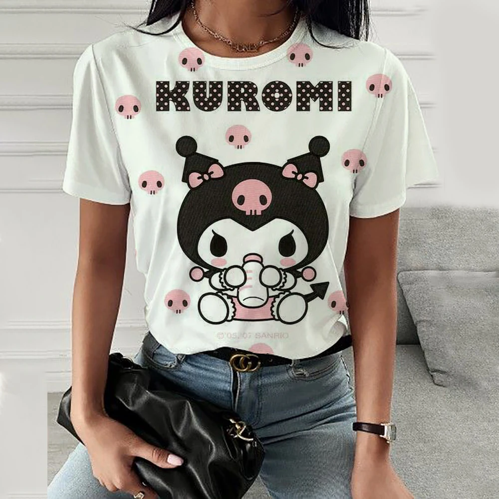 2024 Summer O Neck Tops Women's Hello Kitty Kuromi print T-Shirt Fashion Women's T-Shirt Harajuku Style Top Harajuku Kawaii