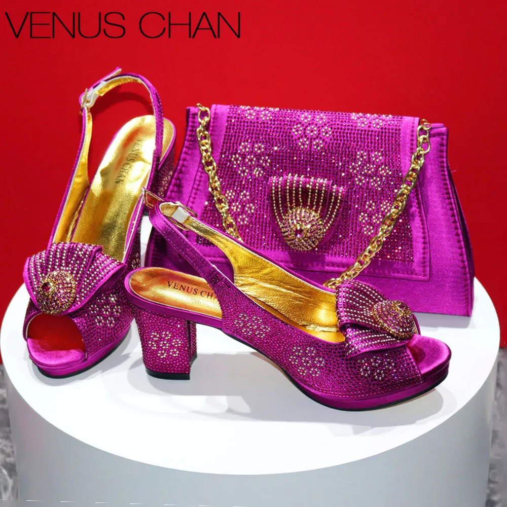 

Mature Sweet Latest Ladies Thin Heels Shoes and Bag Set Decorated with Rhinestones in Purple Color For Women Party Pump