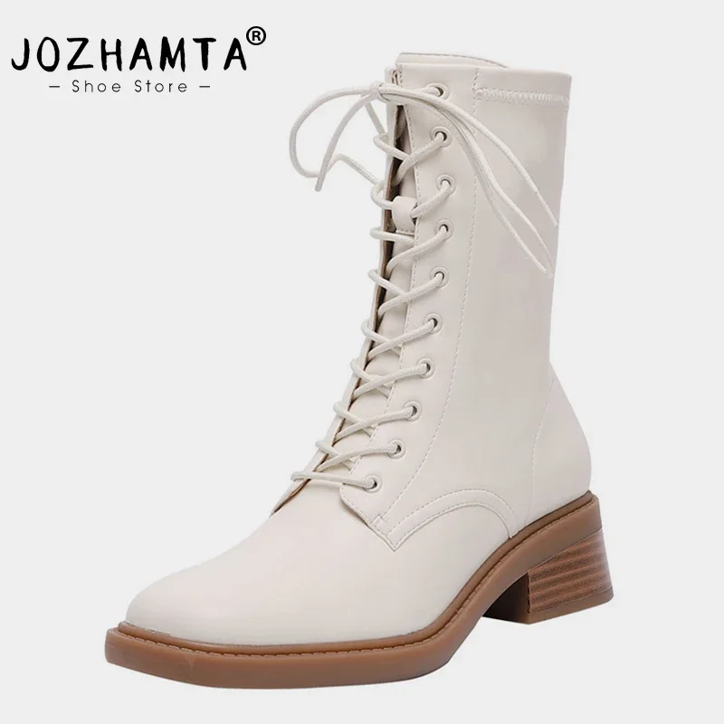 JOZHAMTA Size 33-40 Women Stretch Boots Casual Office Lace-Up Thick Mid Heels Winter Shoes For Women Zipper Elastic Ankle Boots