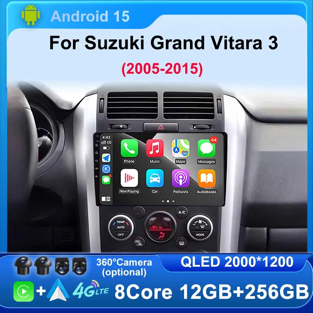 For Suzuki Grand Vitara 3 2005 - 2015 Wireless  CarPlay Android 15 Radio Car Multimedia Player BT Touch 2K QLED Screen